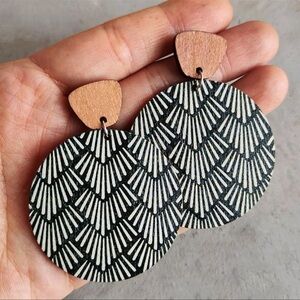 Black White Wooden Lightweight Geometric Print Bohemian Statement Earrings